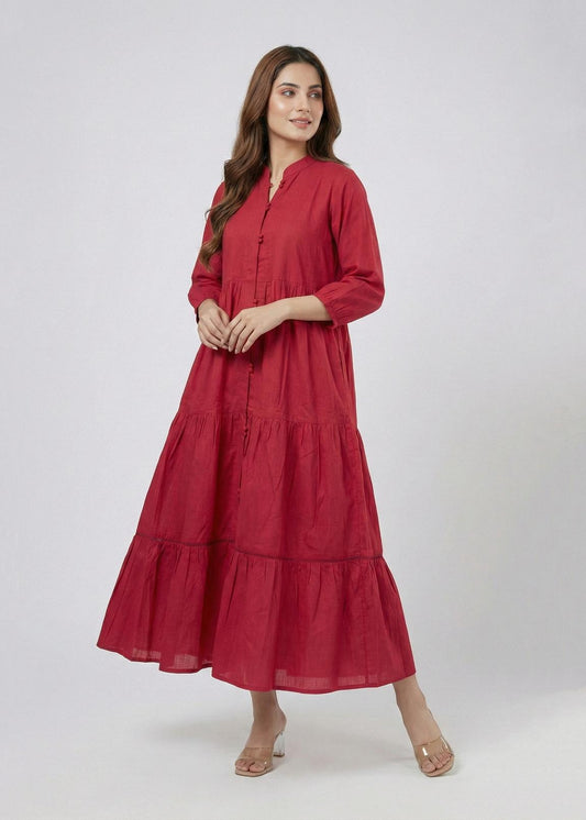 Khaddar Red tiered Dress 785410