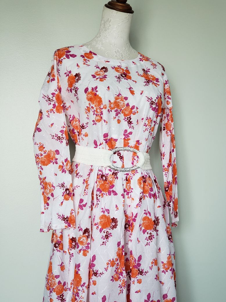 lawn emb long frock- whiOrange12