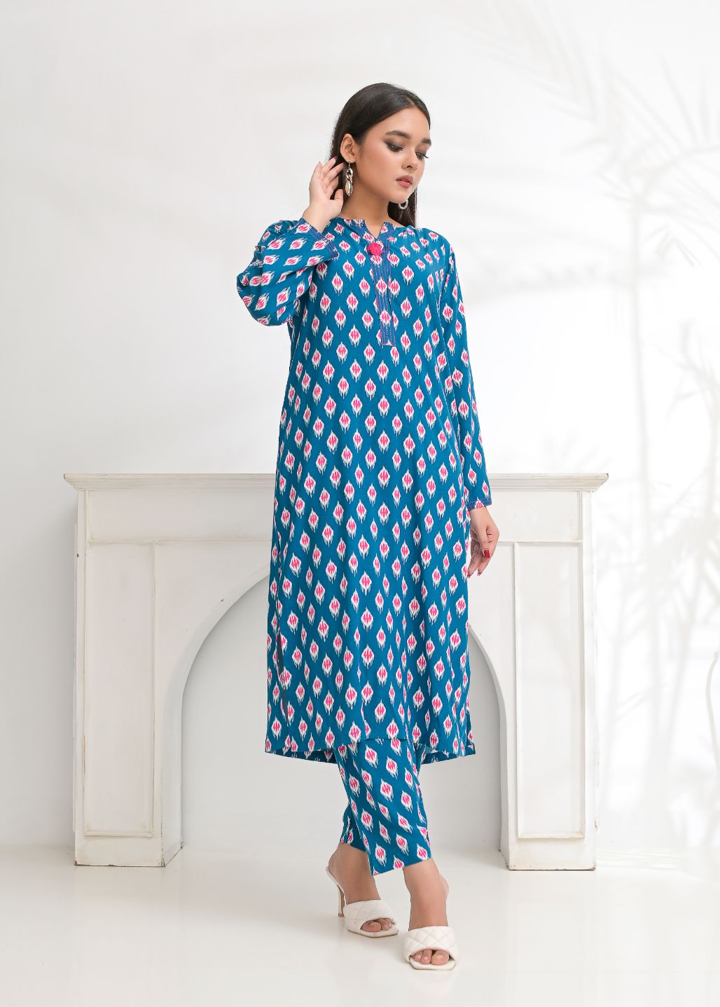 Linen 2pc set-78767 tealPnk