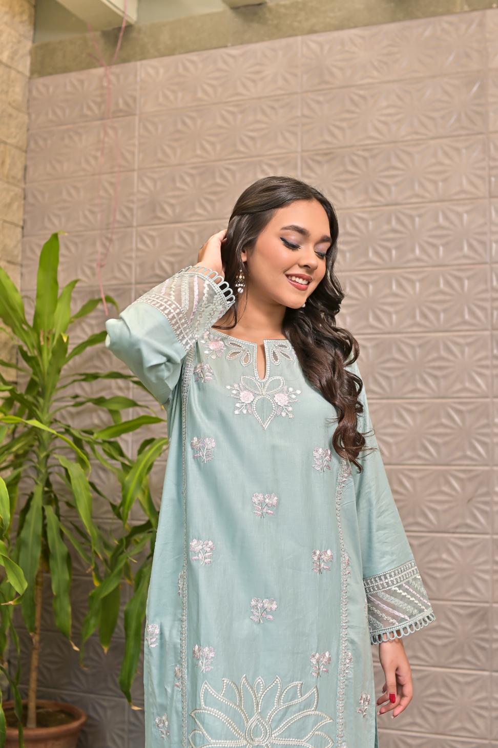 Cotton emb 2pc -79342 Seagreen
