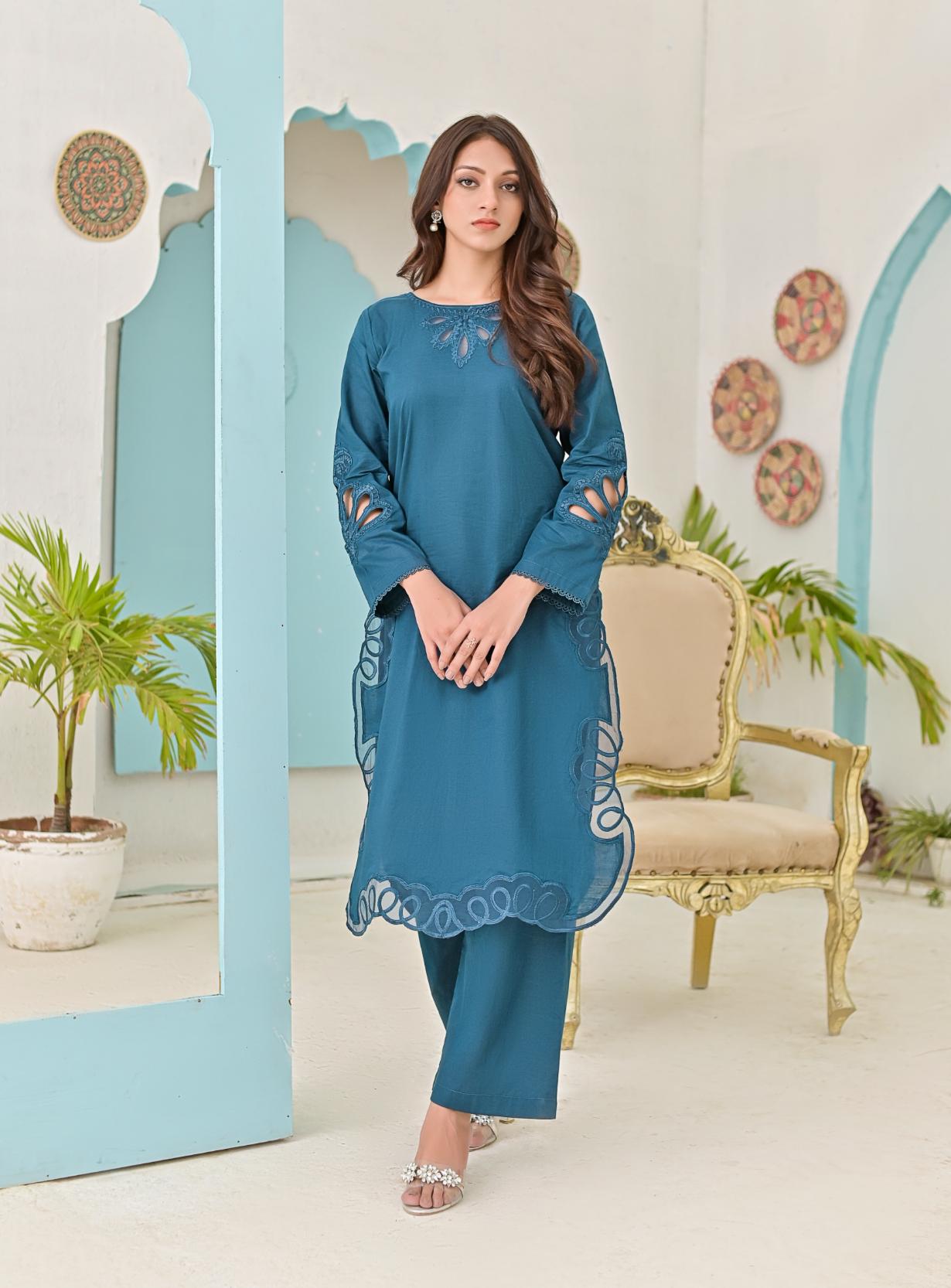 Cotton emb 2pc -79222 tealblue