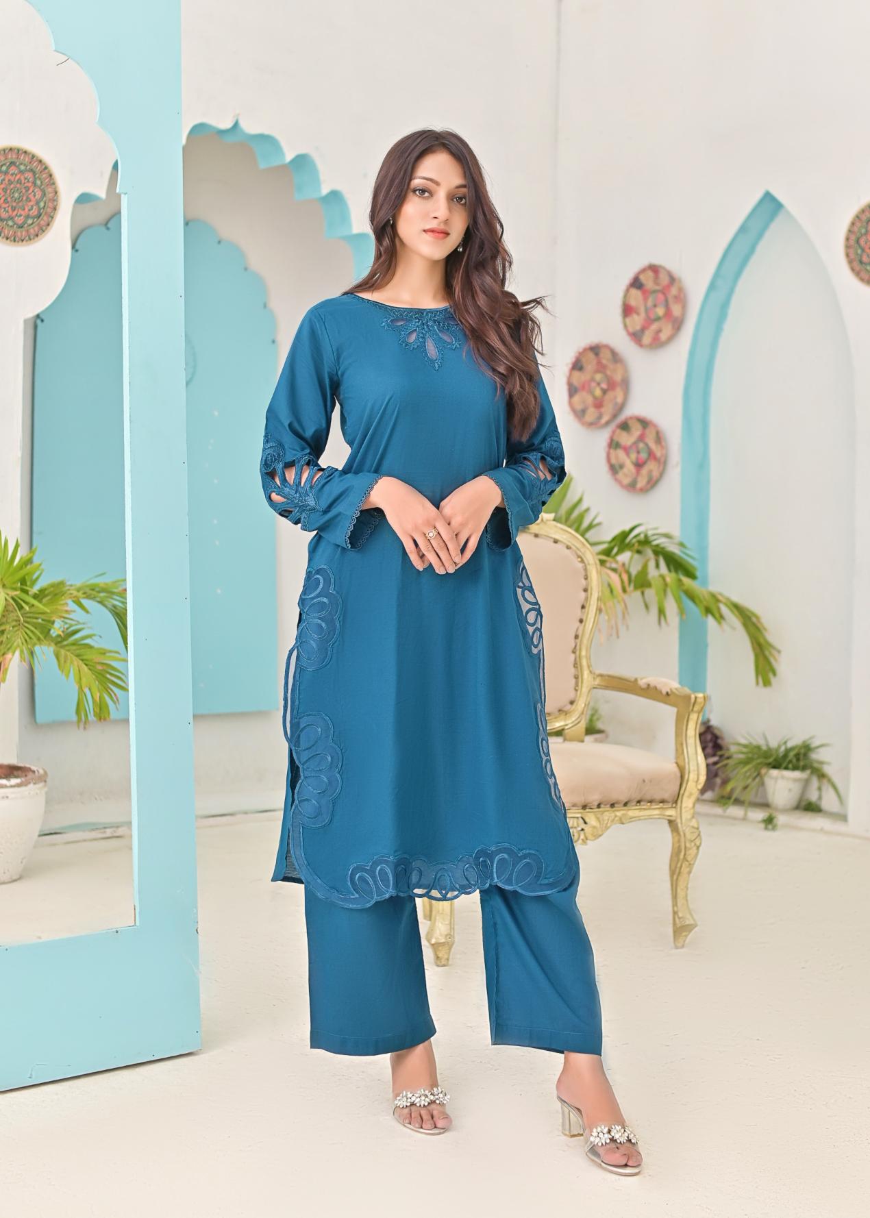 Cotton emb 2pc -79222 tealblue