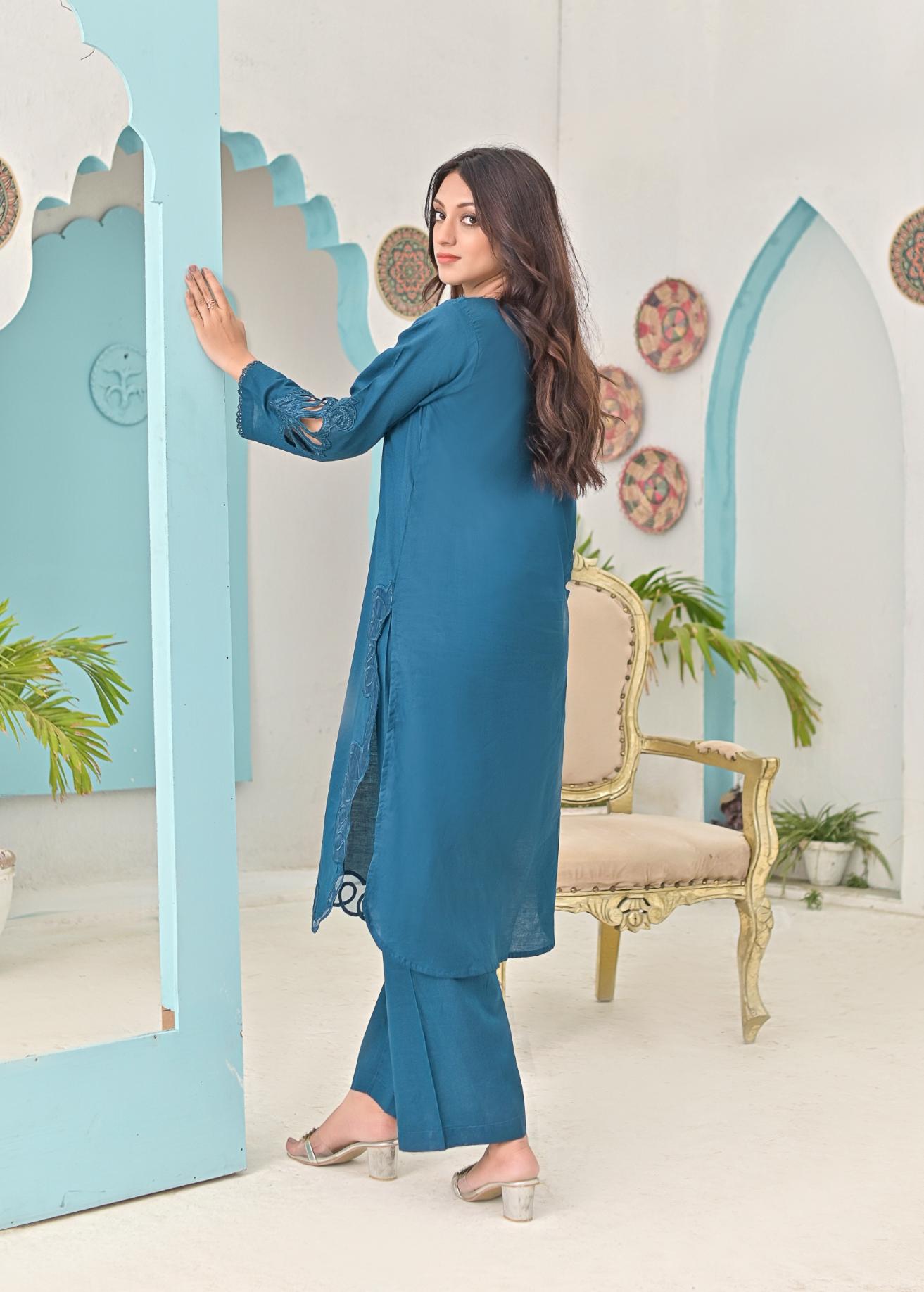 Cotton emb 2pc -79222 tealblue