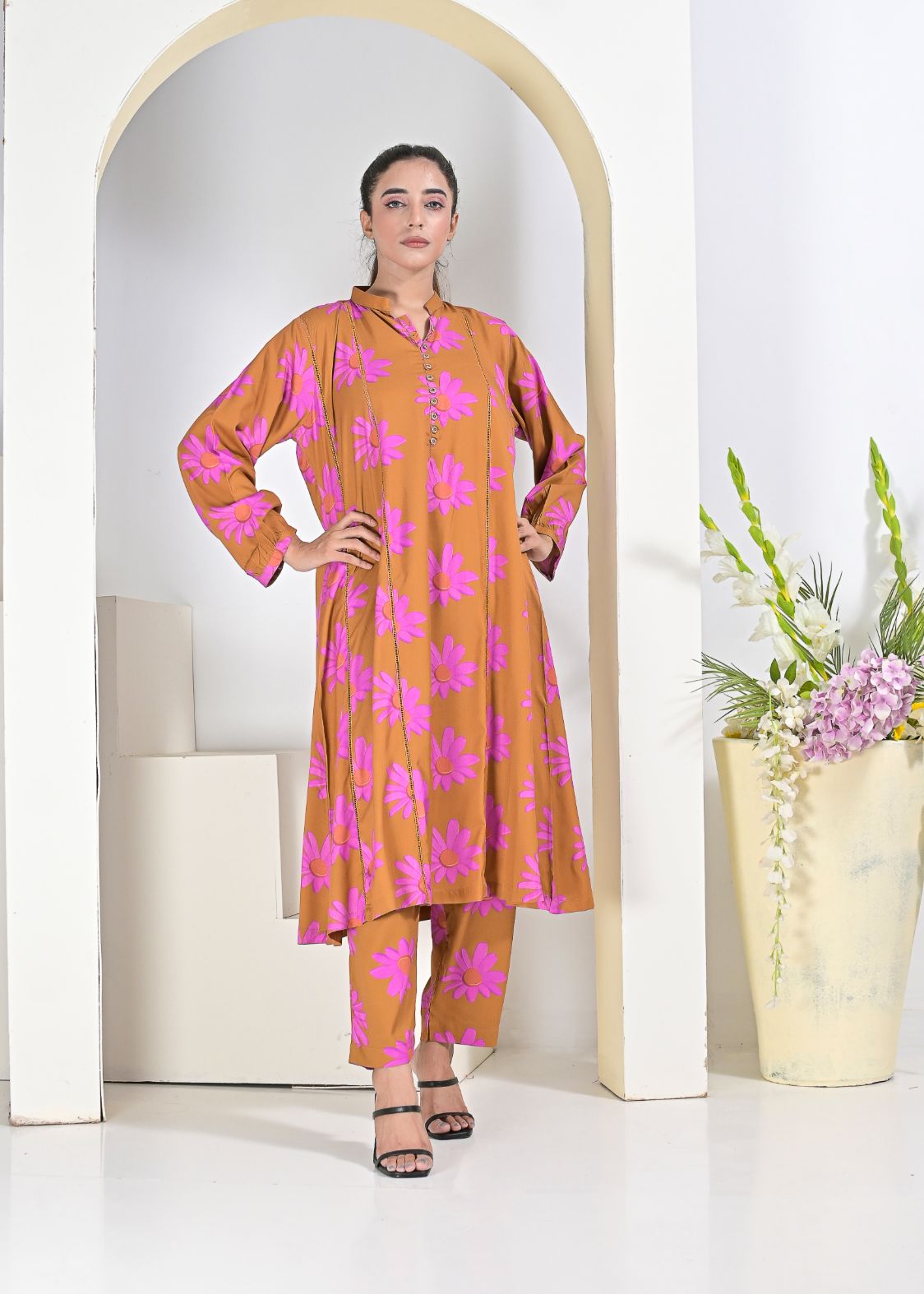 Linen 2pc set- BrownPnk 79040