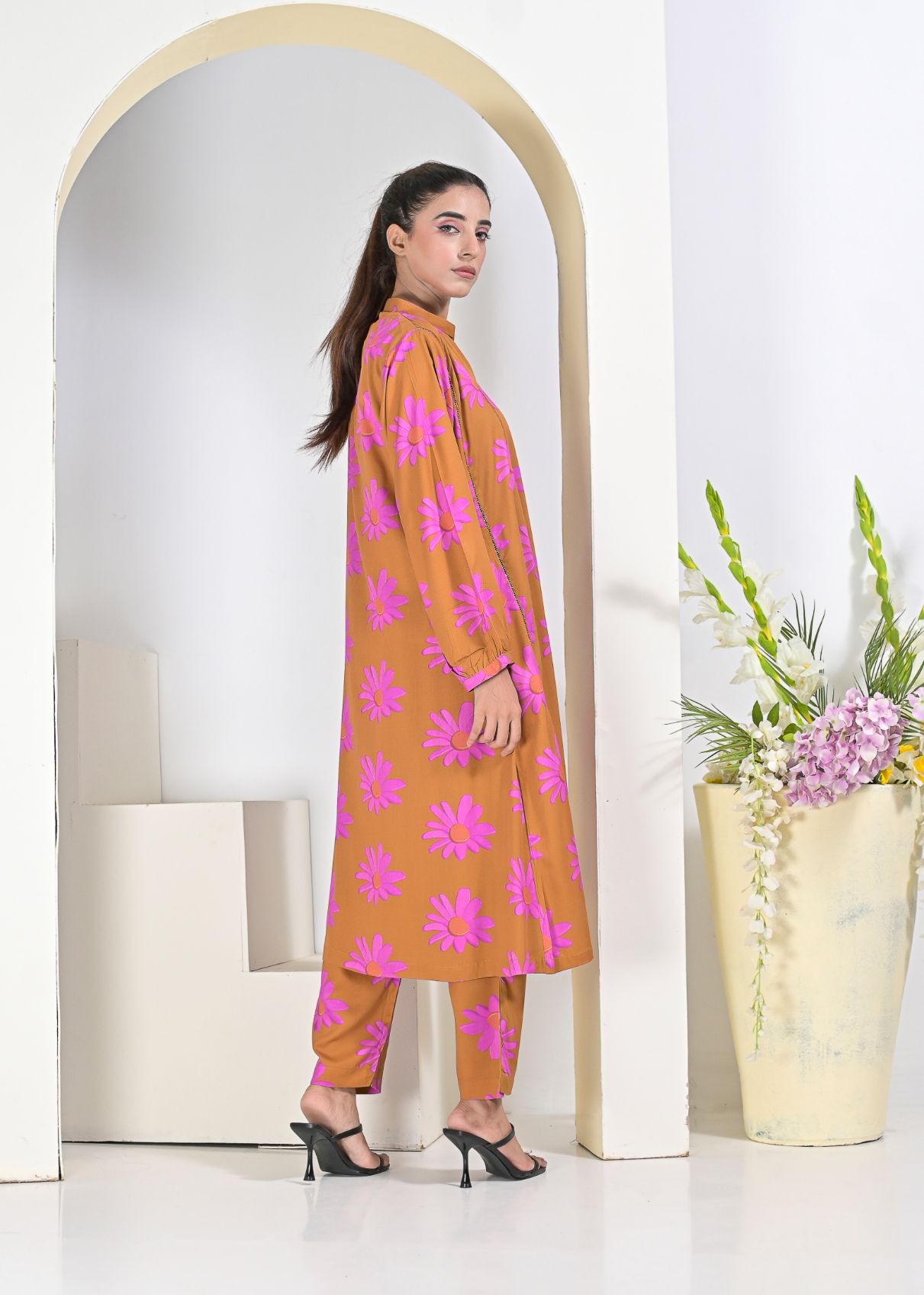 Linen 2pc set- BrownPnk 79040