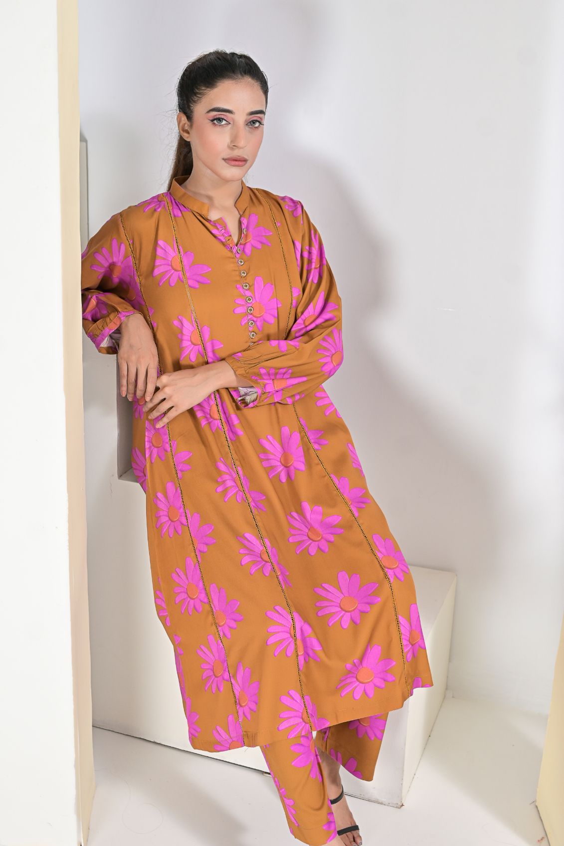 Linen 2pc set- BrownPnk 79040