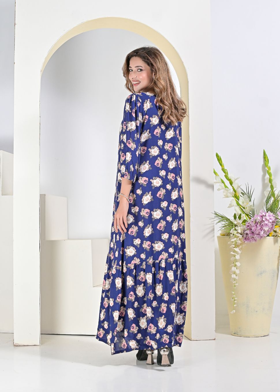 Linen dress-navy 79110
