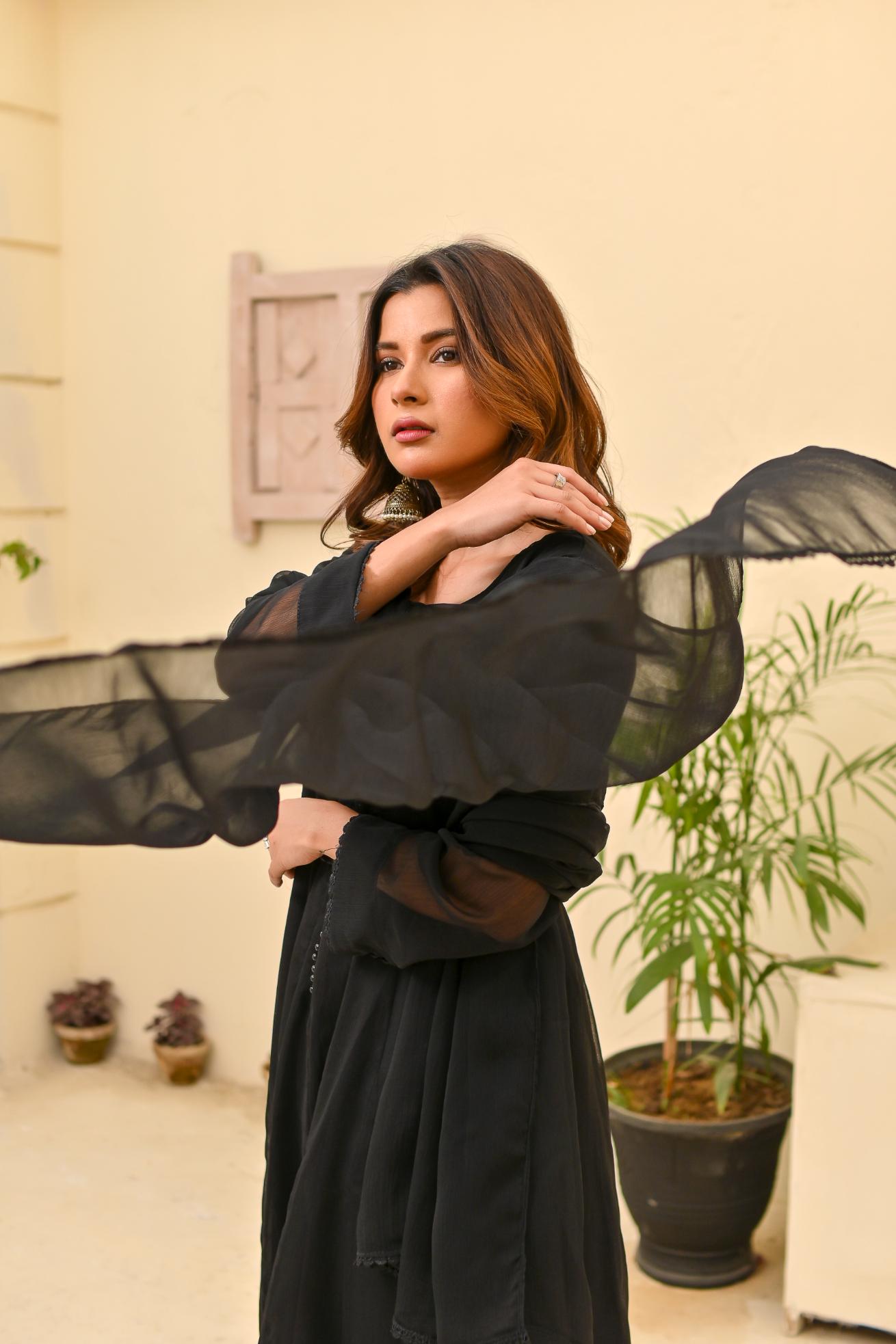 Chiffon kali 3pc suit- black