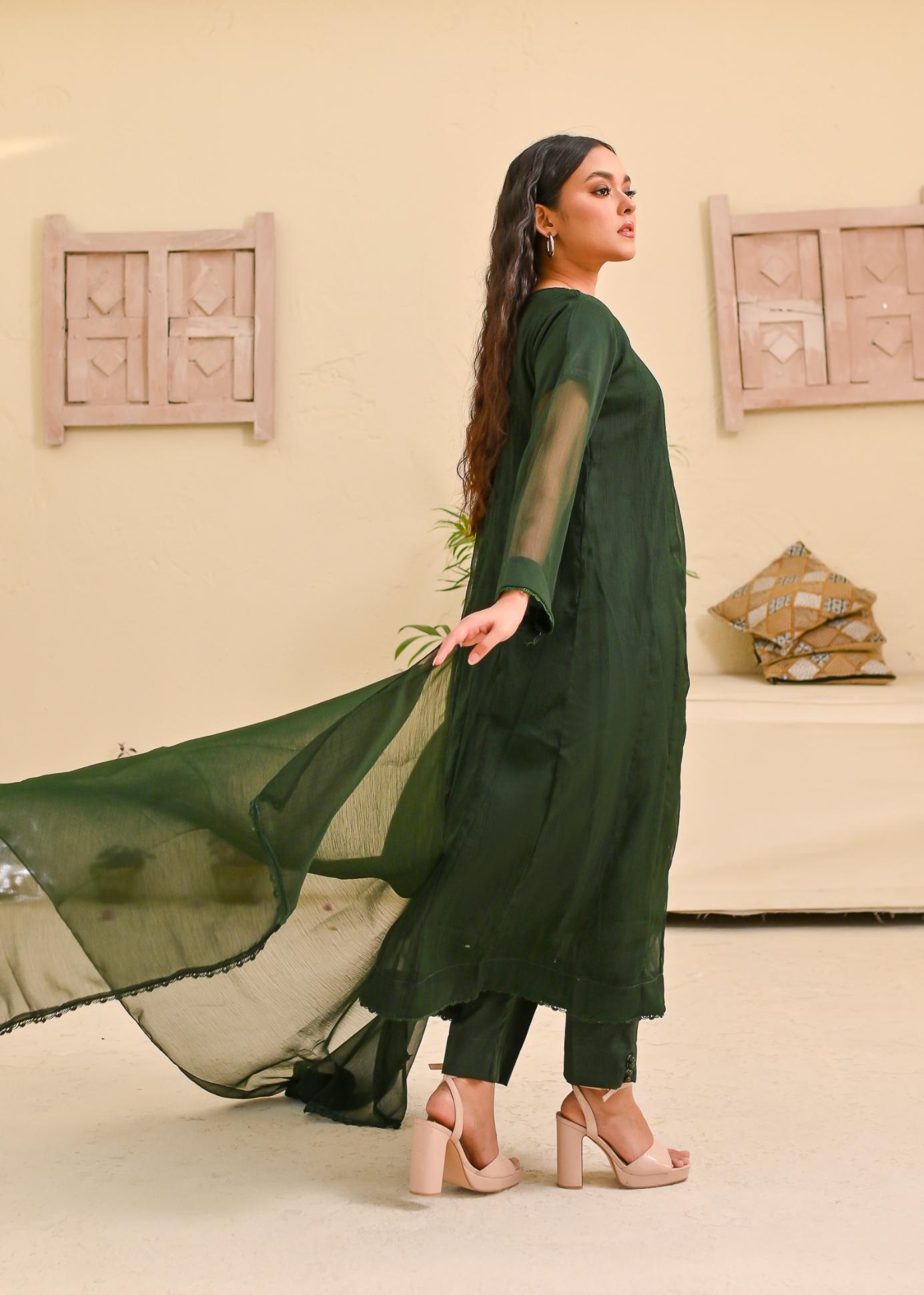Chiffon kali 3pc suit- bottleGreen