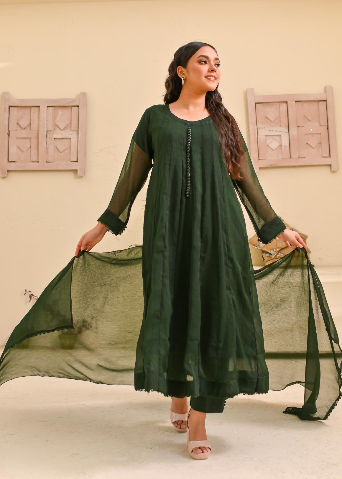 Chiffon kali 3pc suit- bottleGreen