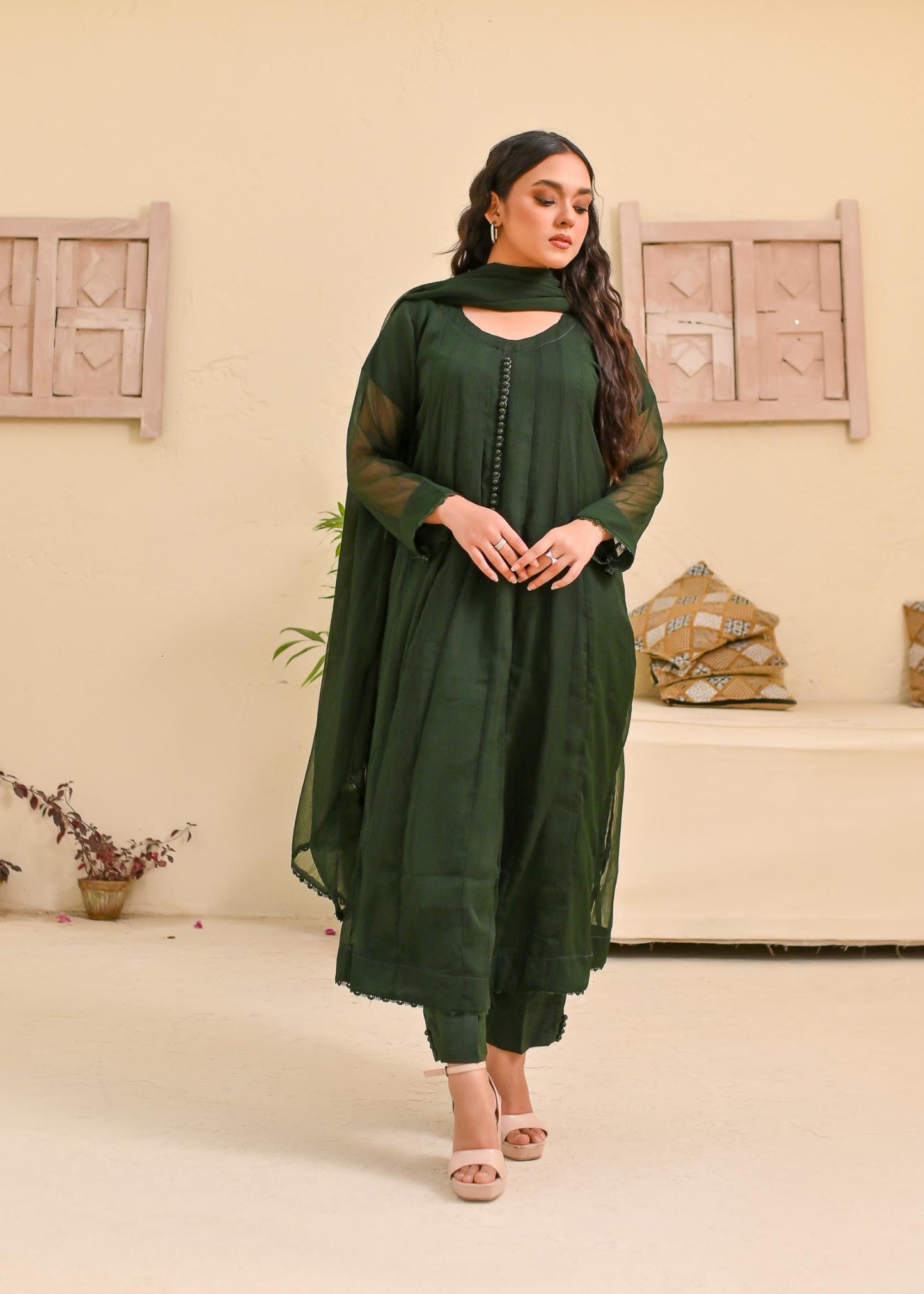 Chiffon kali 3pc suit- bottleGreen
