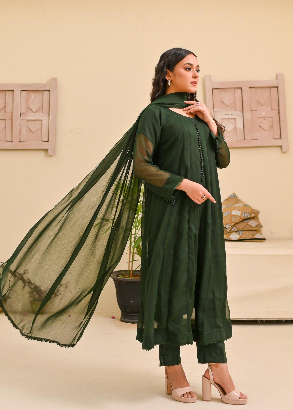 Chiffon kali 3pc suit- bottleGreen