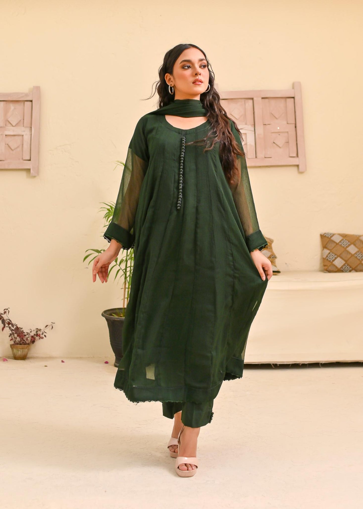 Chiffon kali 3pc suit- bottleGreen