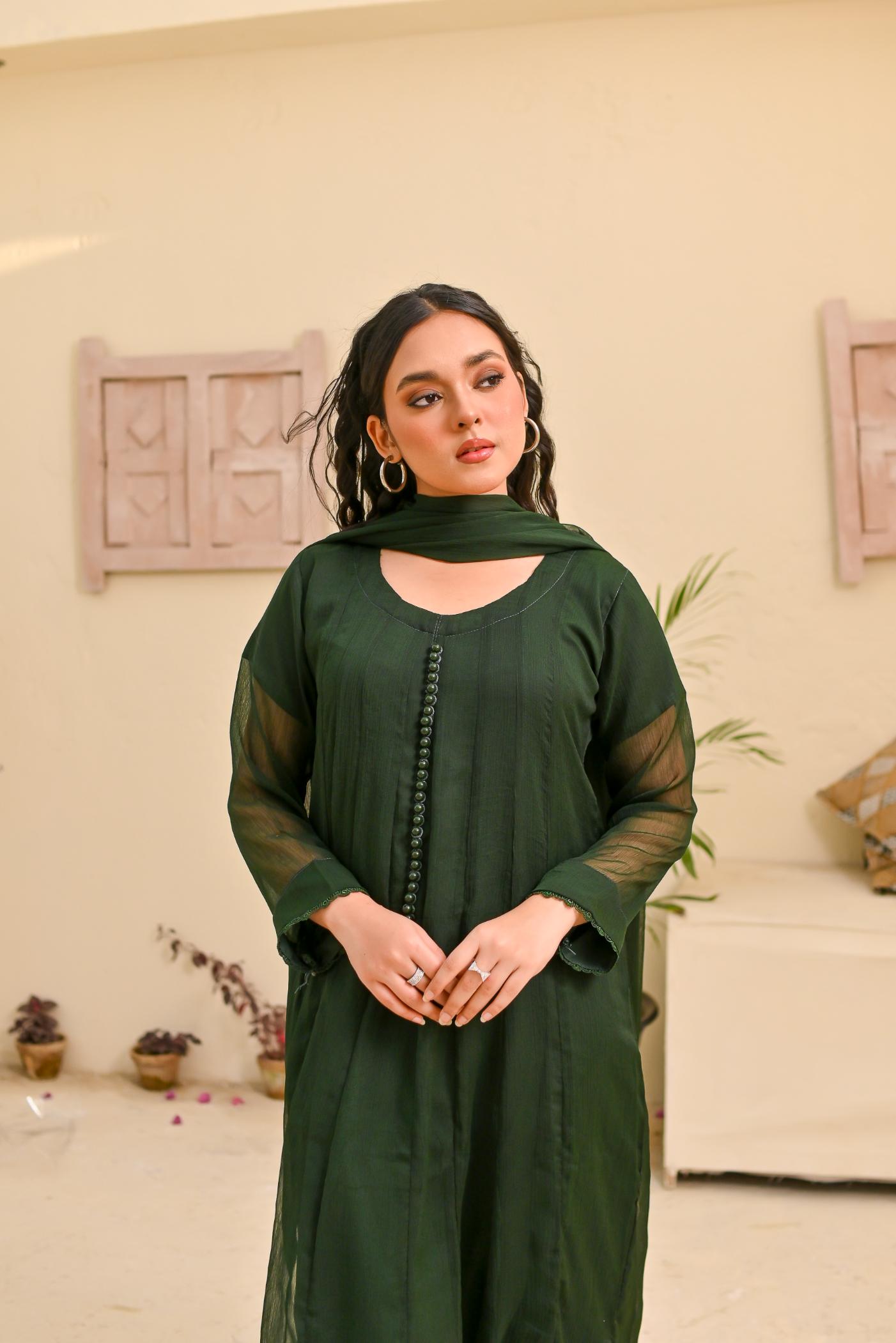 Chiffon kali 3pc suit- bottleGreen