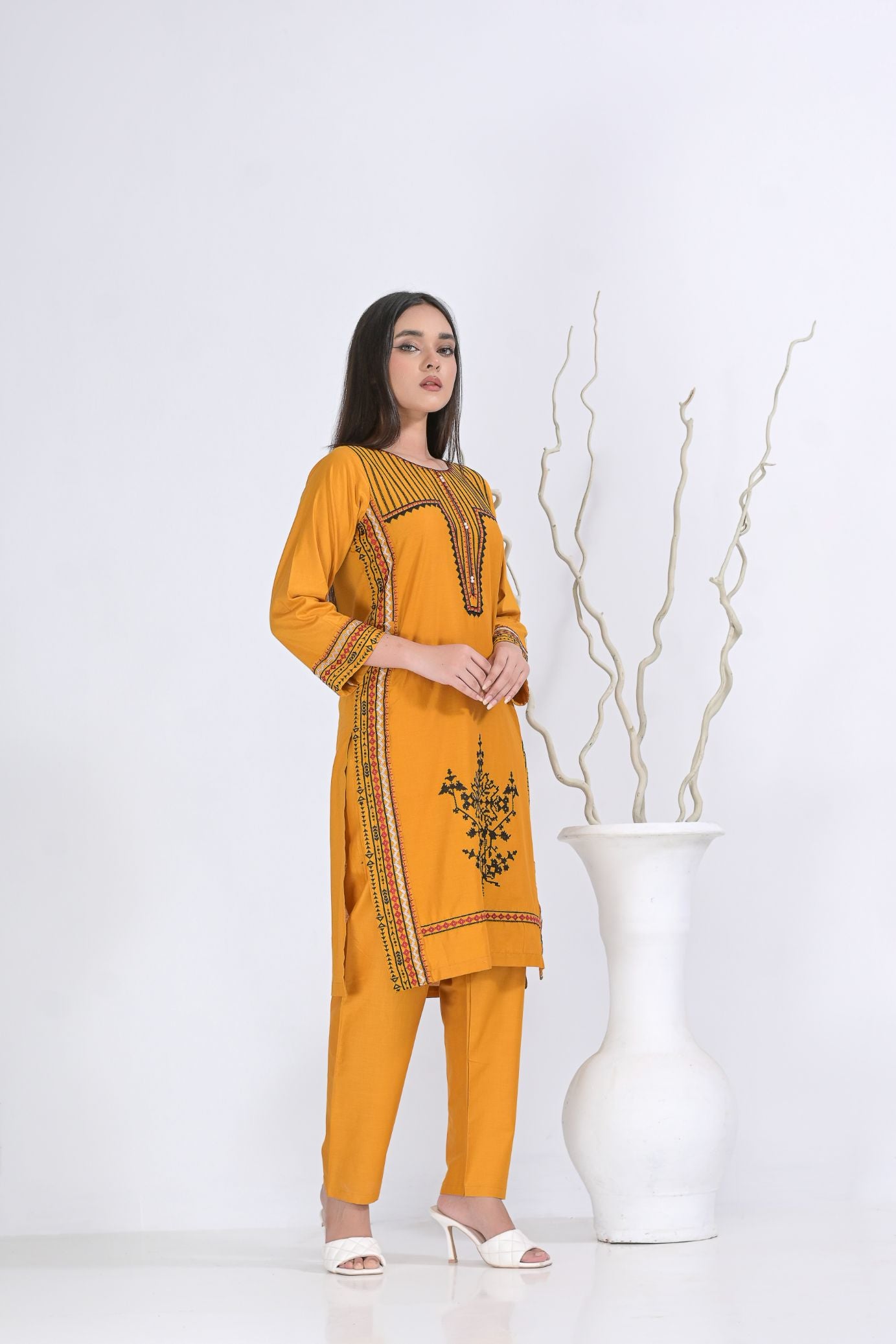Cotton Emb 2pc Mustard 1928