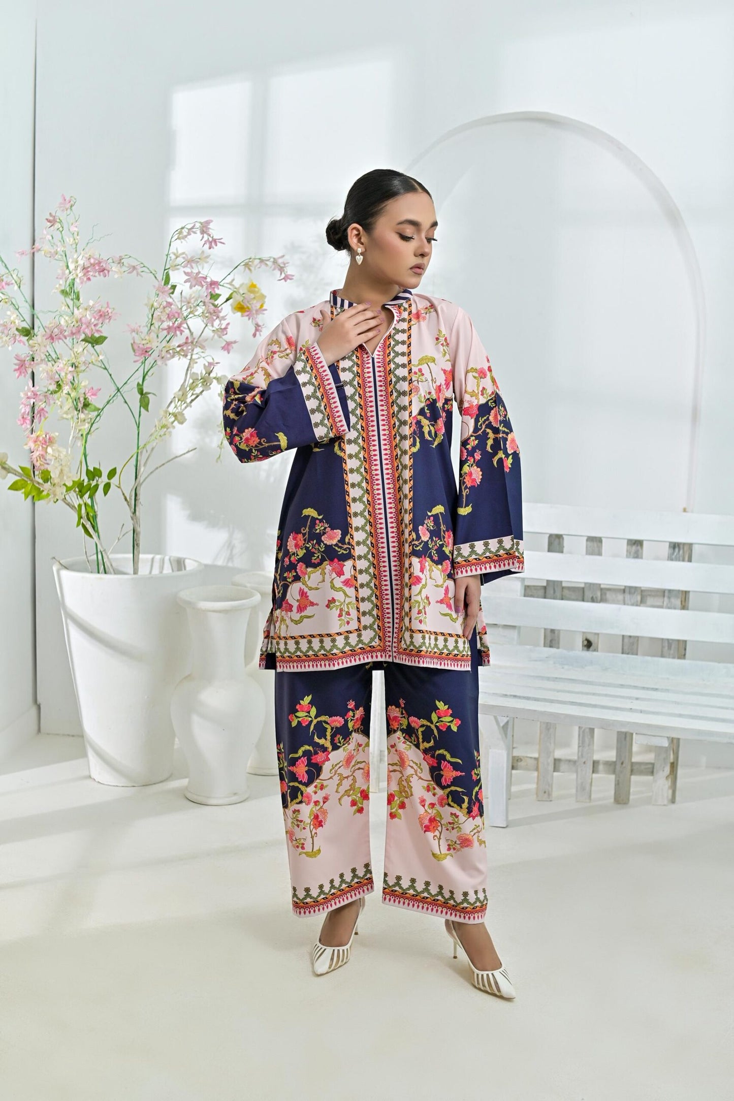 Crepe printed set 79410 NavyPeach