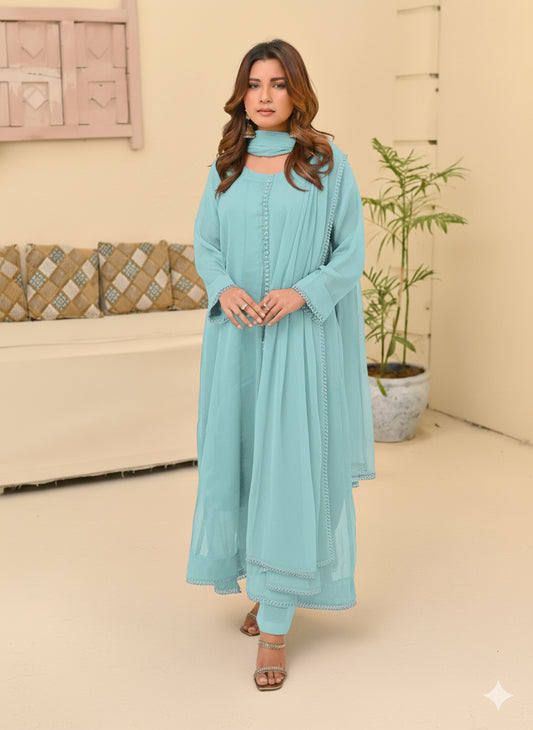 Chiffon kali 3pc suit- sky blue