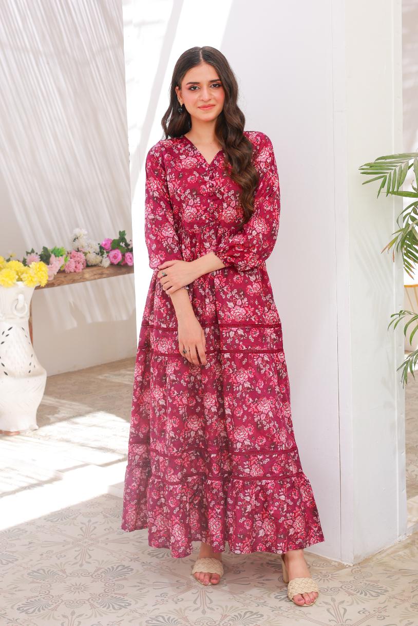 lawn frock 79712 MaroonPink Lace