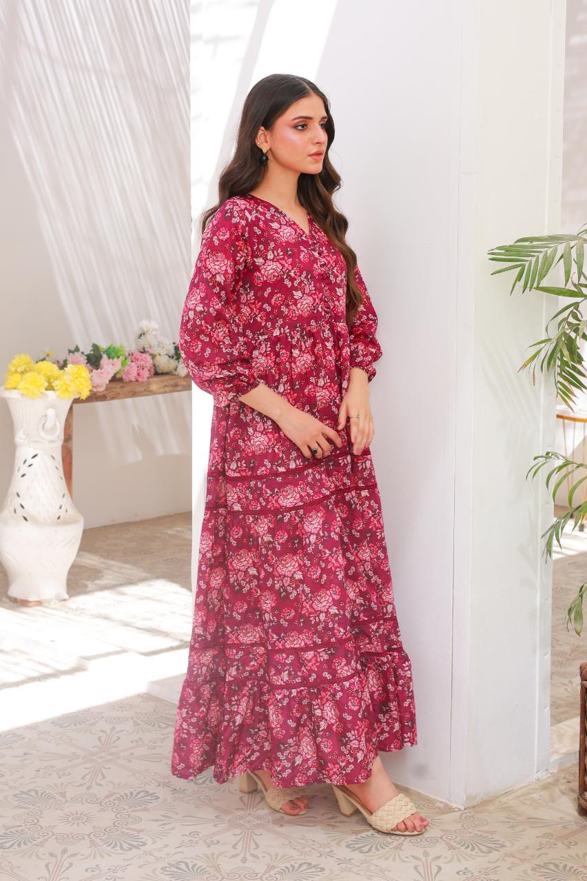lawn frock 79712 MaroonPink Lace