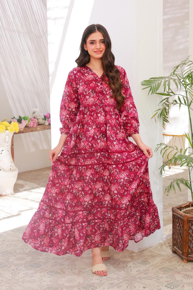 lawn frock 79712 MaroonPink Lace