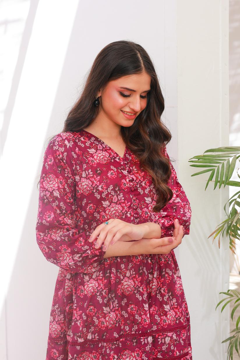 lawn frock 79712 MaroonPink Lace