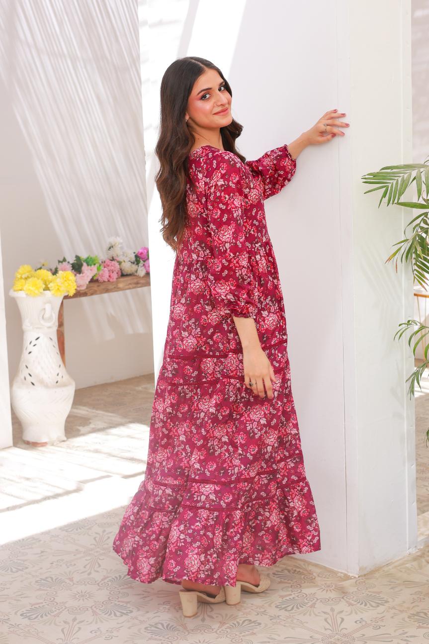 lawn frock 79712 MaroonPink Lace