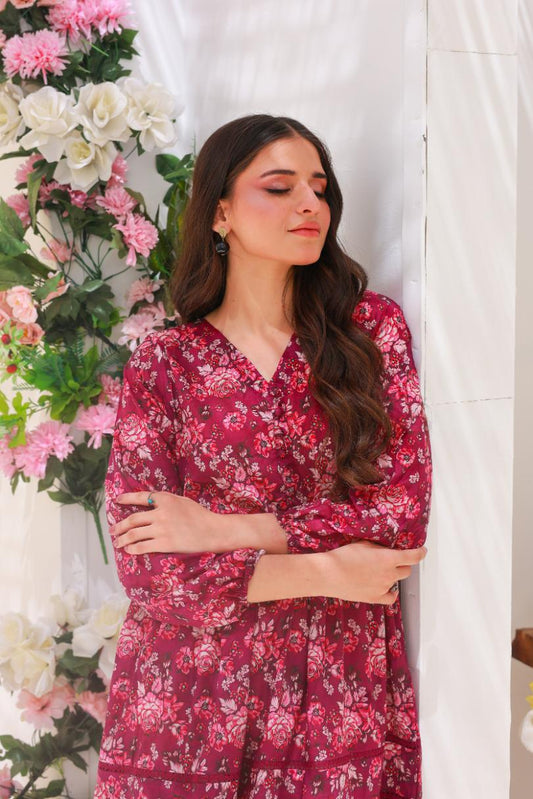 lawn frock 79712 MaroonPink Lace