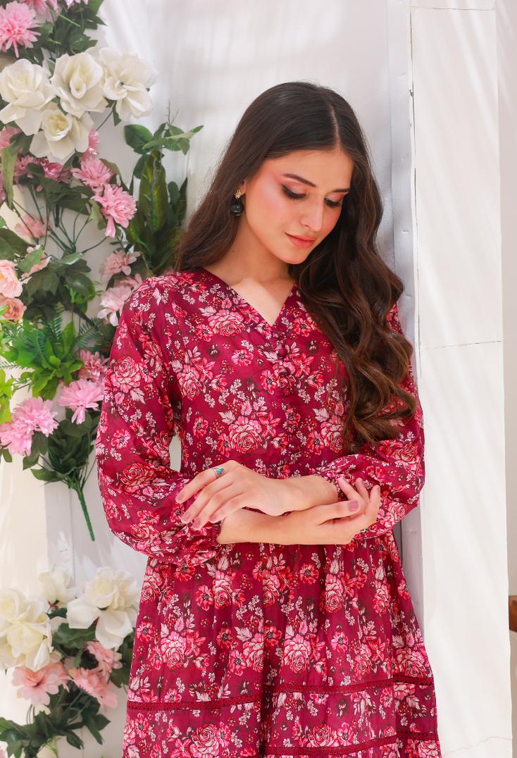 lawn frock 79712 MaroonPink Lace