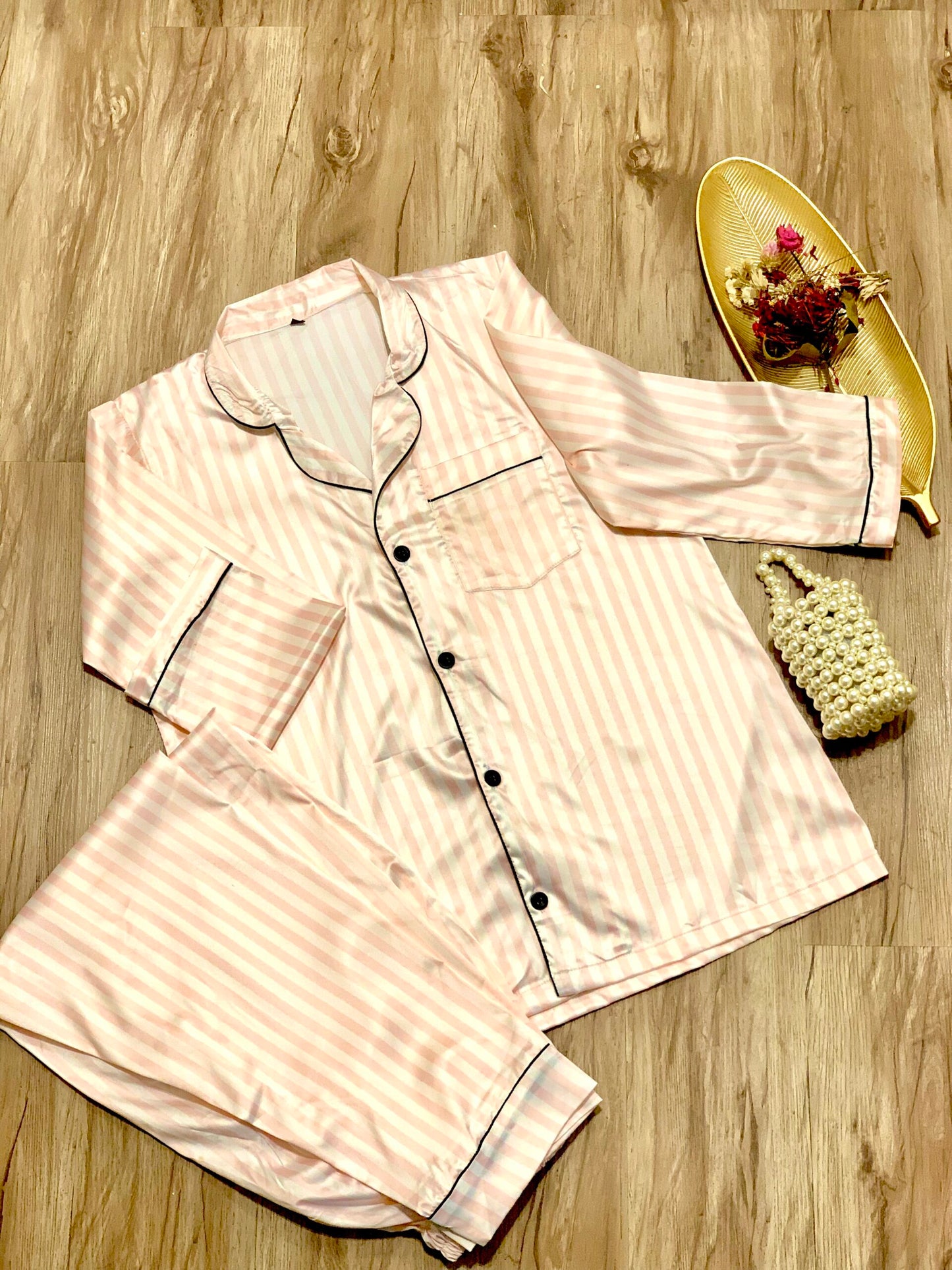 Pink stripe silk pjs