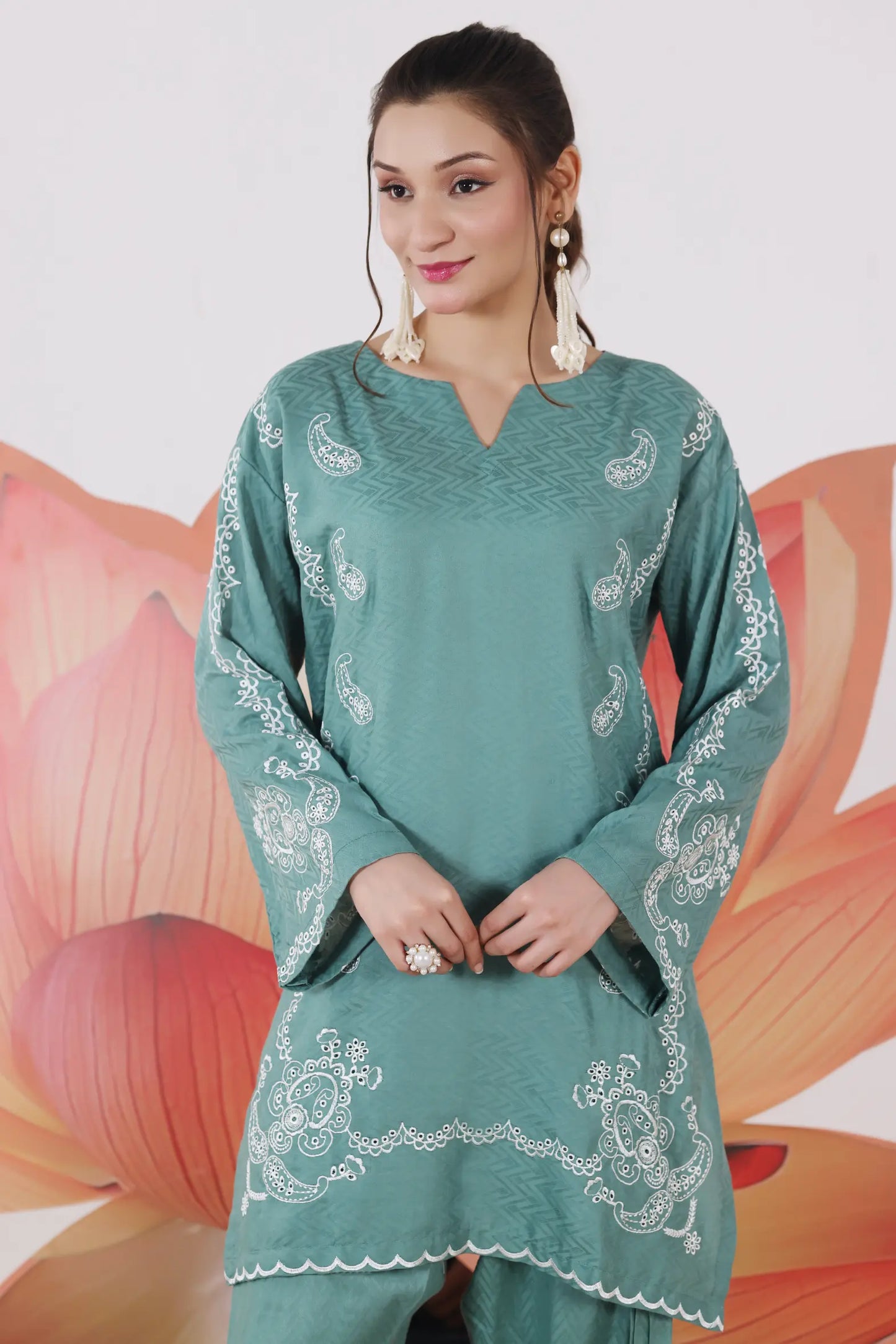 Embroidered Teal jacquard set 885511