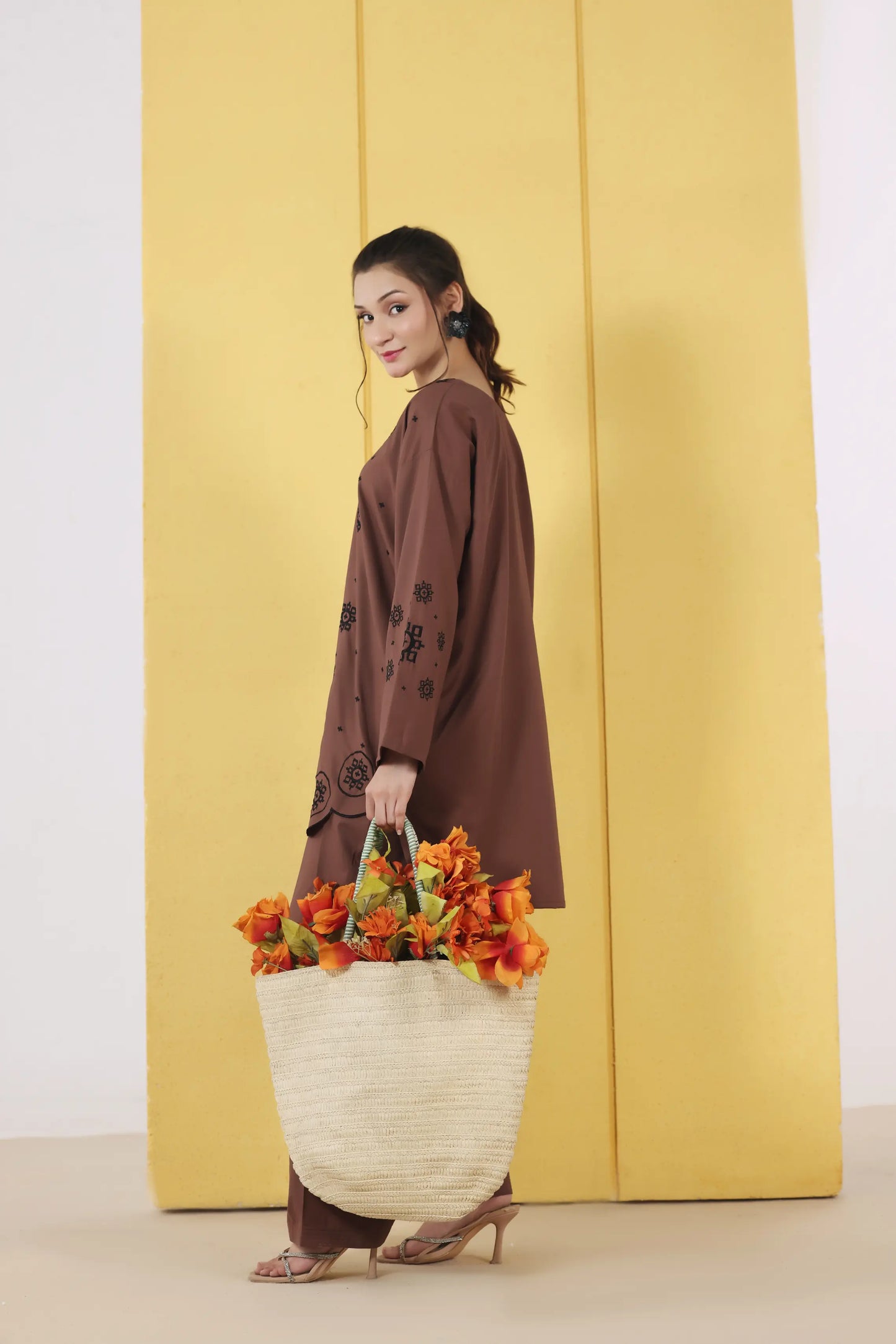 Embroidered Brown Wash & Wear 2pc