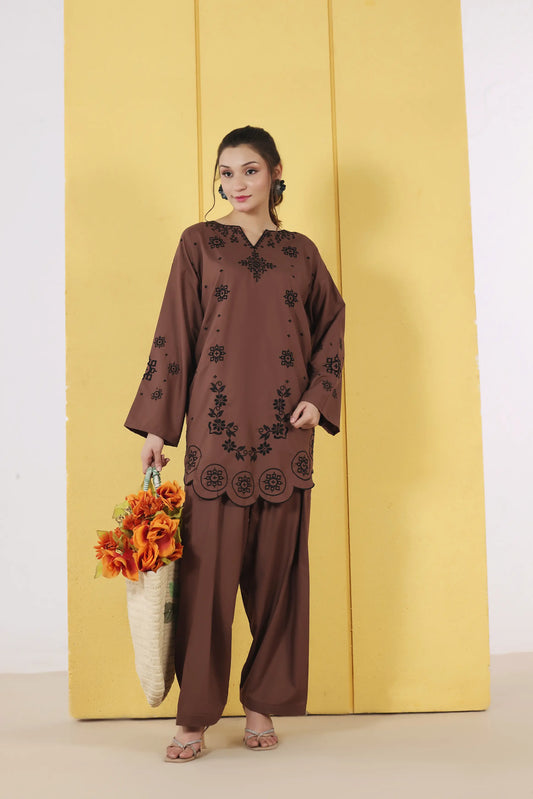 Embroidered Brown Wash & Wear 2pc