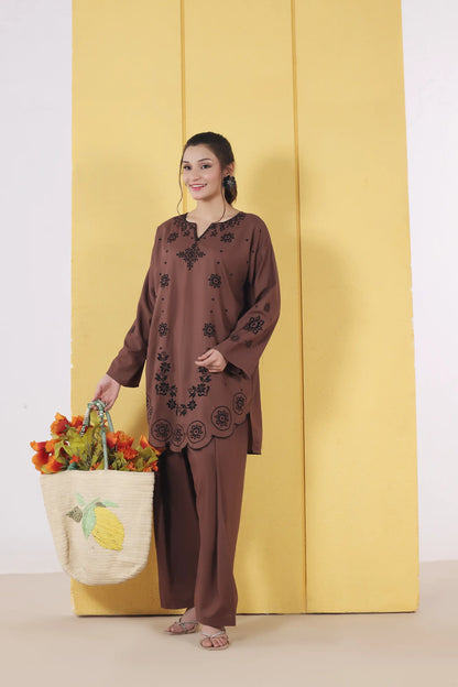 Embroidered Brown Wash & Wear 2pc