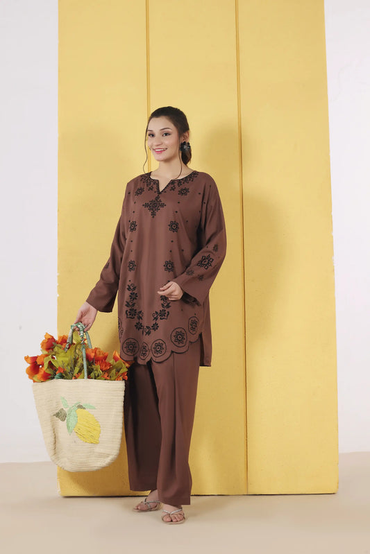 Embroidered Brown Wash & Wear 2pc