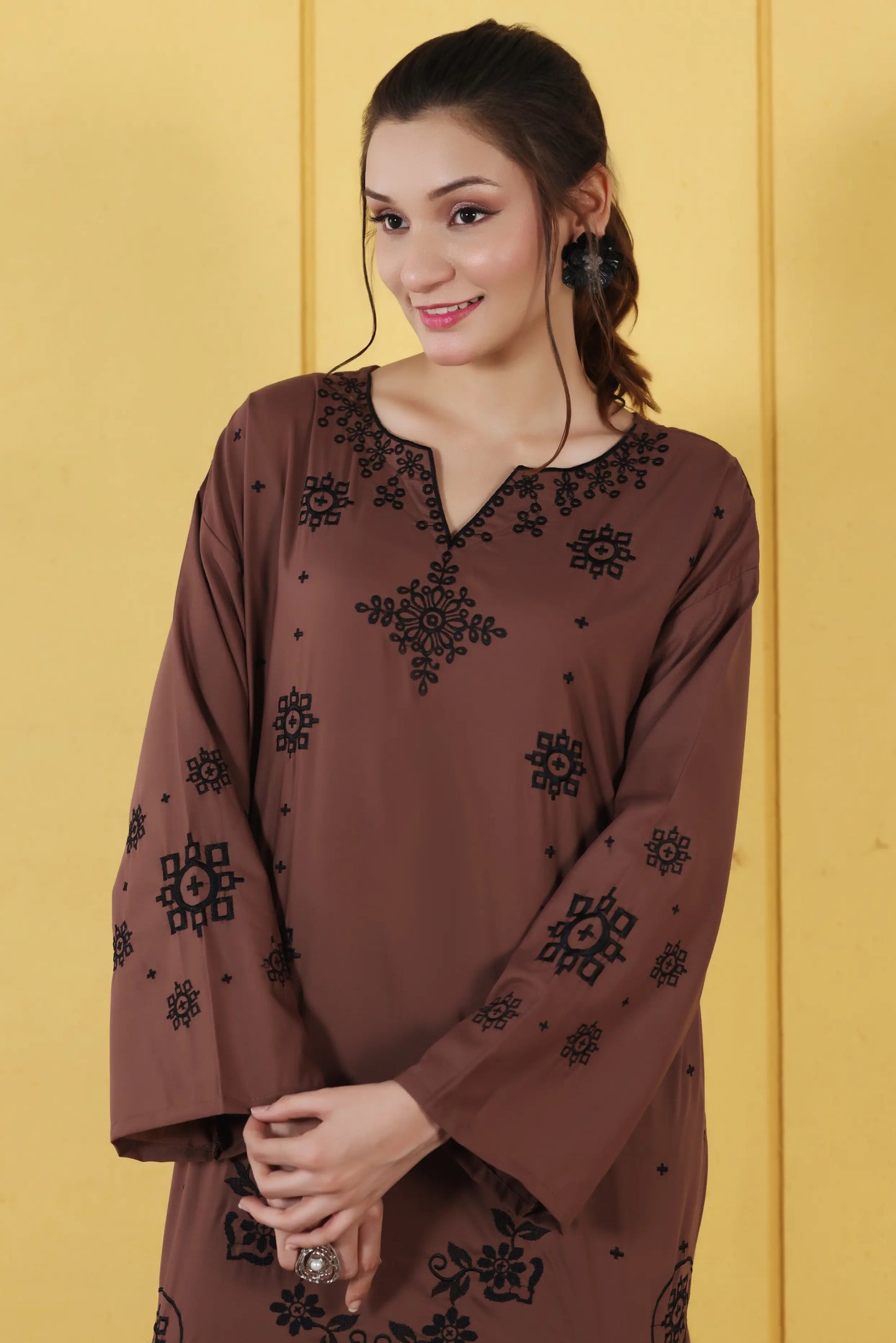 Embroidered Brown Wash & Wear 2pc