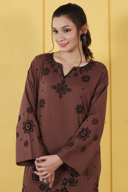 Embroidered Brown Wash & Wear 2pc