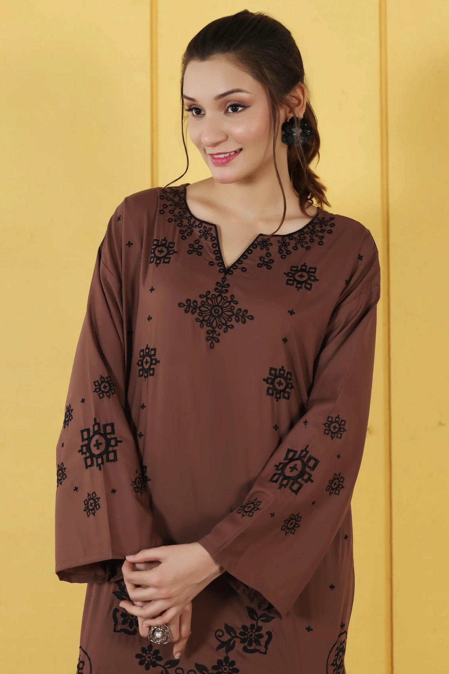 Embroidered Brown Wash & Wear 2pc