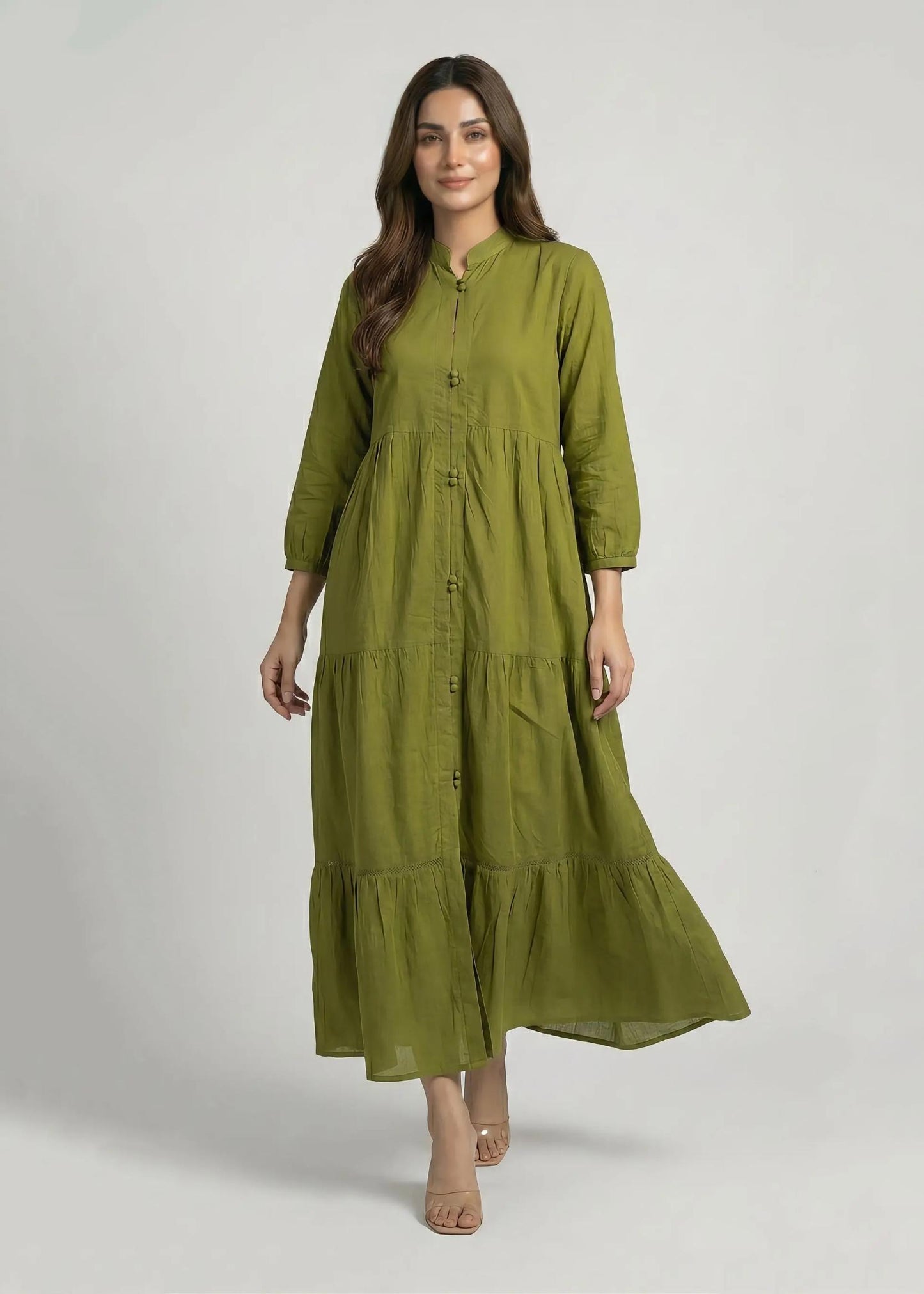 Khaddar Olive tiered Dress 785410