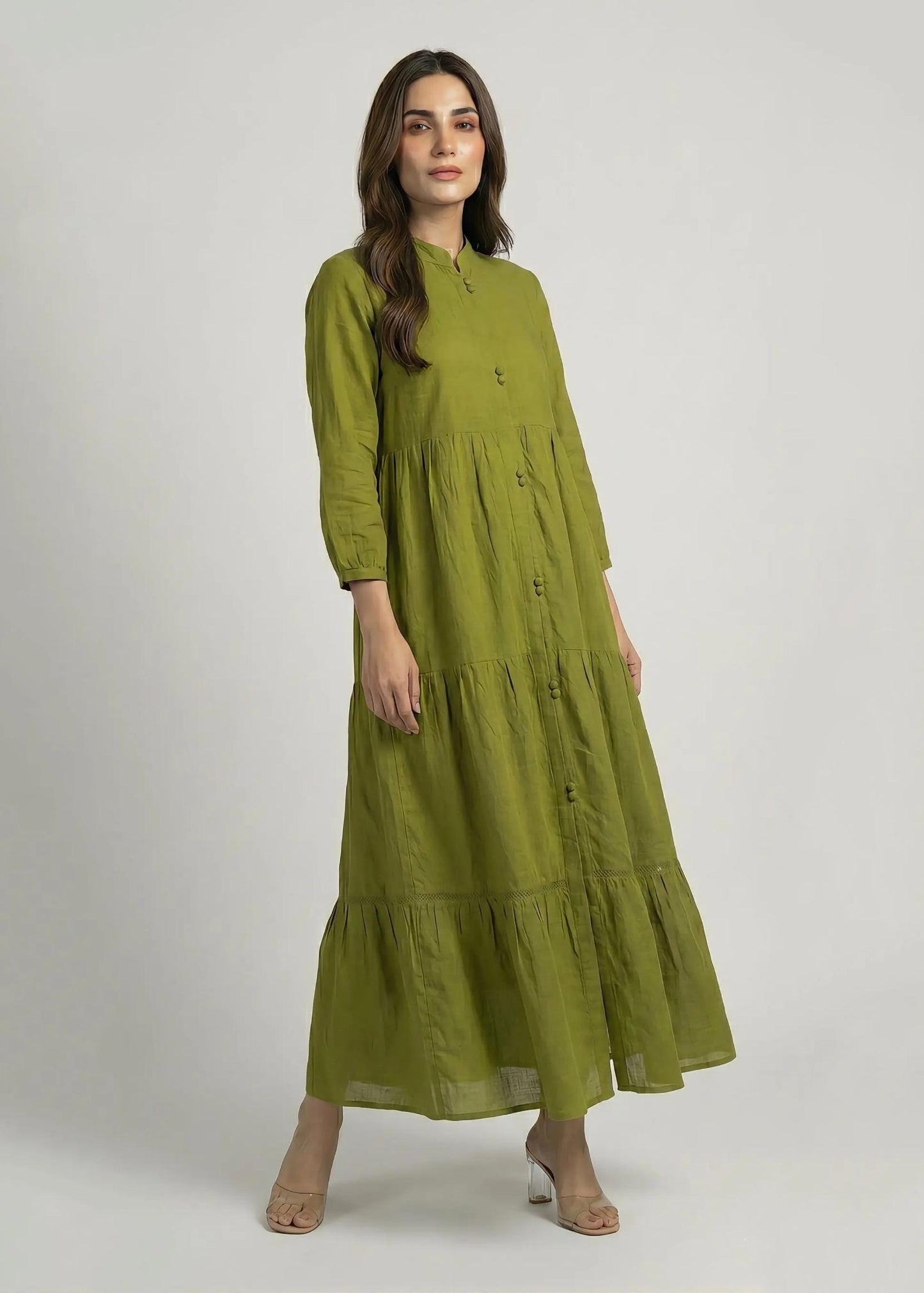 Khaddar Olive tiered Dress 785410
