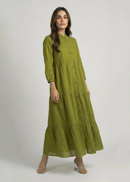 Khaddar Olive tiered Dress 785410