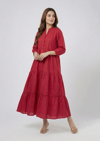 Khaddar Red tiered Dress 785410
