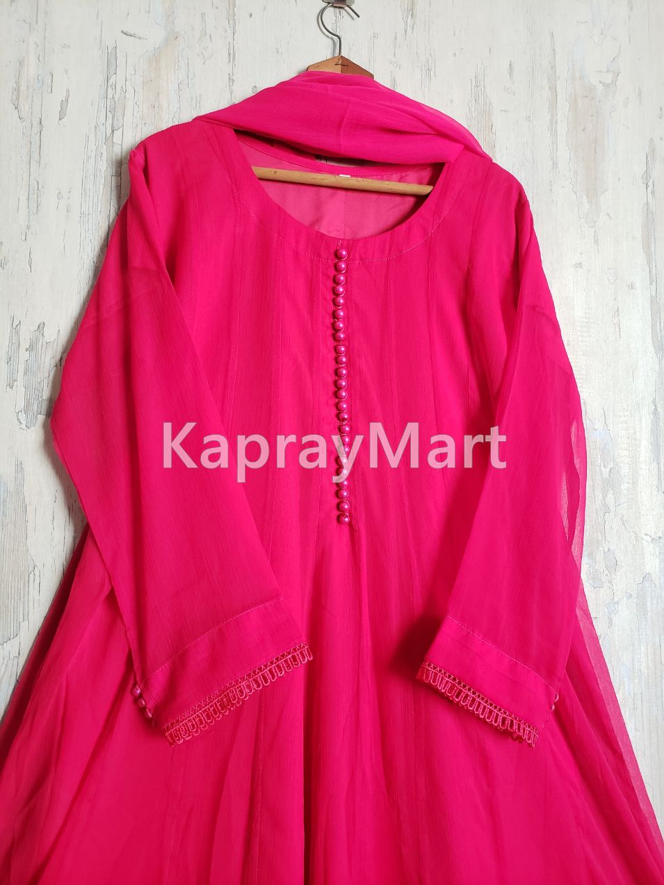 Chiffon kali 3pc suit- hot pink