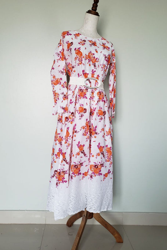 lawn emb long frock- whiOrange12