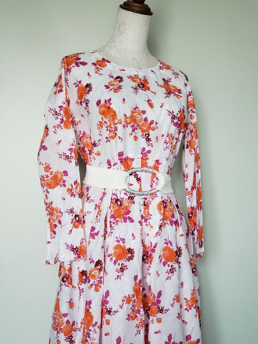 lawn emb long frock- whiOrange12