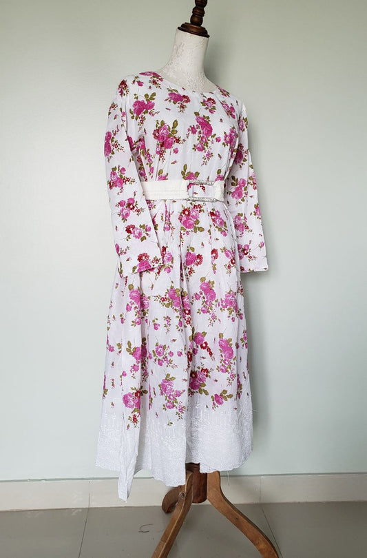 lawn emb long frock- whiPink12