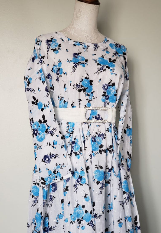 lawn emb long frock- whiBlue12