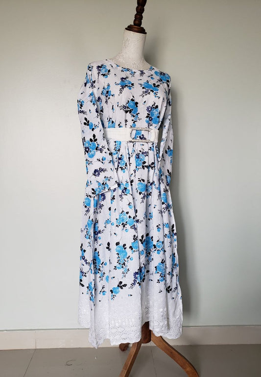 lawn emb long frock- whiBlue12