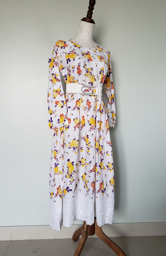 lawn emb long frock- whiyellow12