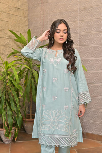 Cotton emb 2pc -79342 Seagreen