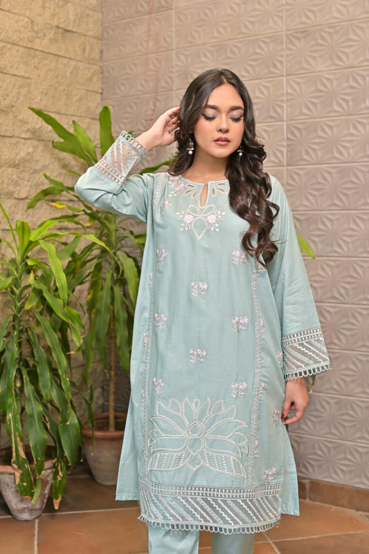 Cotton emb 2pc -79342 Seagreen